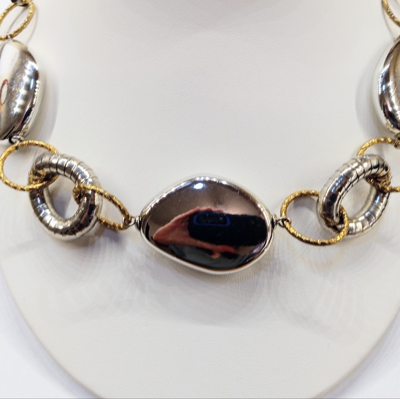 Vintage Two-Tone Mirrored Necklace Silver Gold Statement Piece - Picture 4 of 5